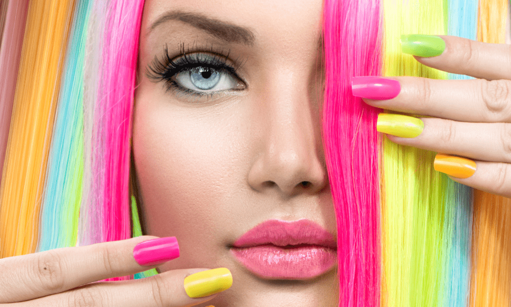 rainbow color hair girl with rainbow nails
