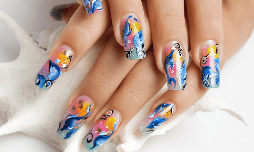 glossy dolphin acrylic nails