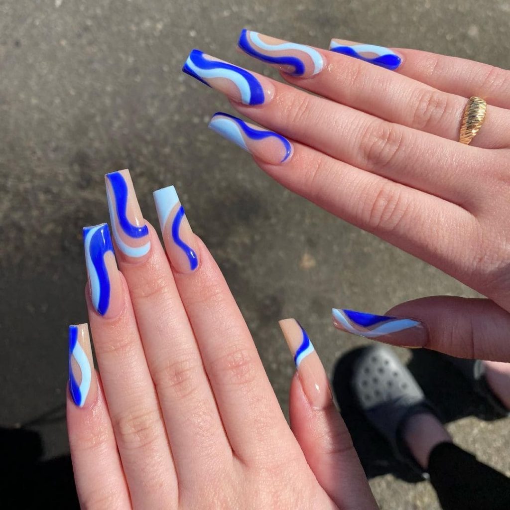 Coffin Acrylic Nails Blue Manicure