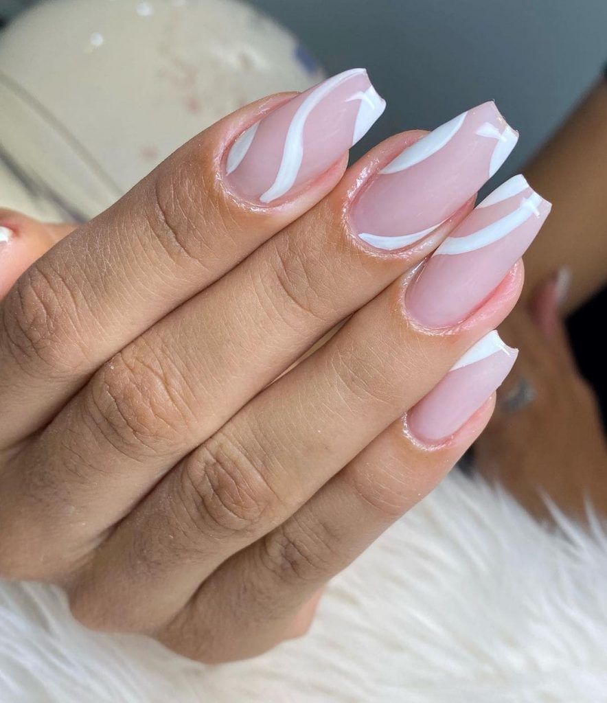 Coffin Nude Nails With White Lines