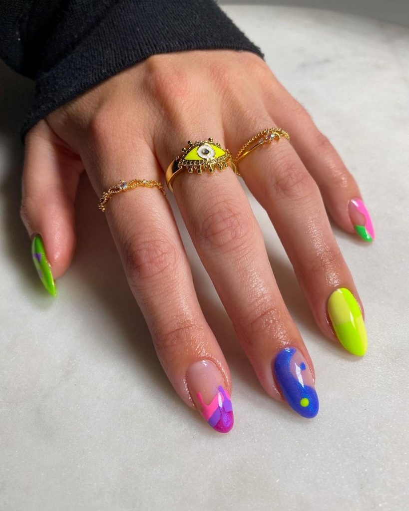 These Blue, Pink, and Neon Nail color combo for a Holiday festive vibe