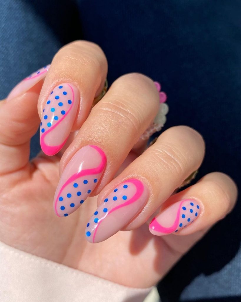 Pink Polka Dots Almond Nail Design