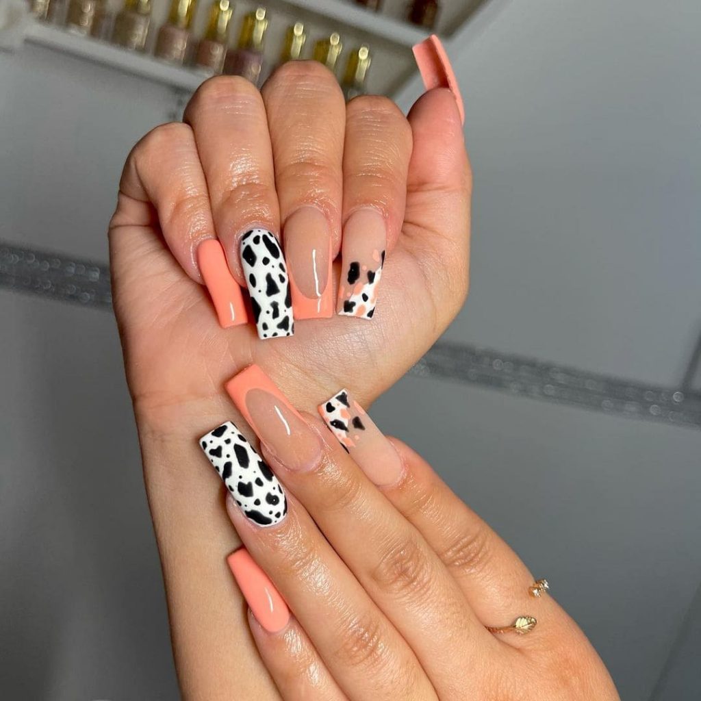 Cow Print Nails With Coral