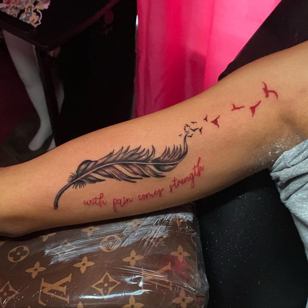 Feathers And Quote Tattoo