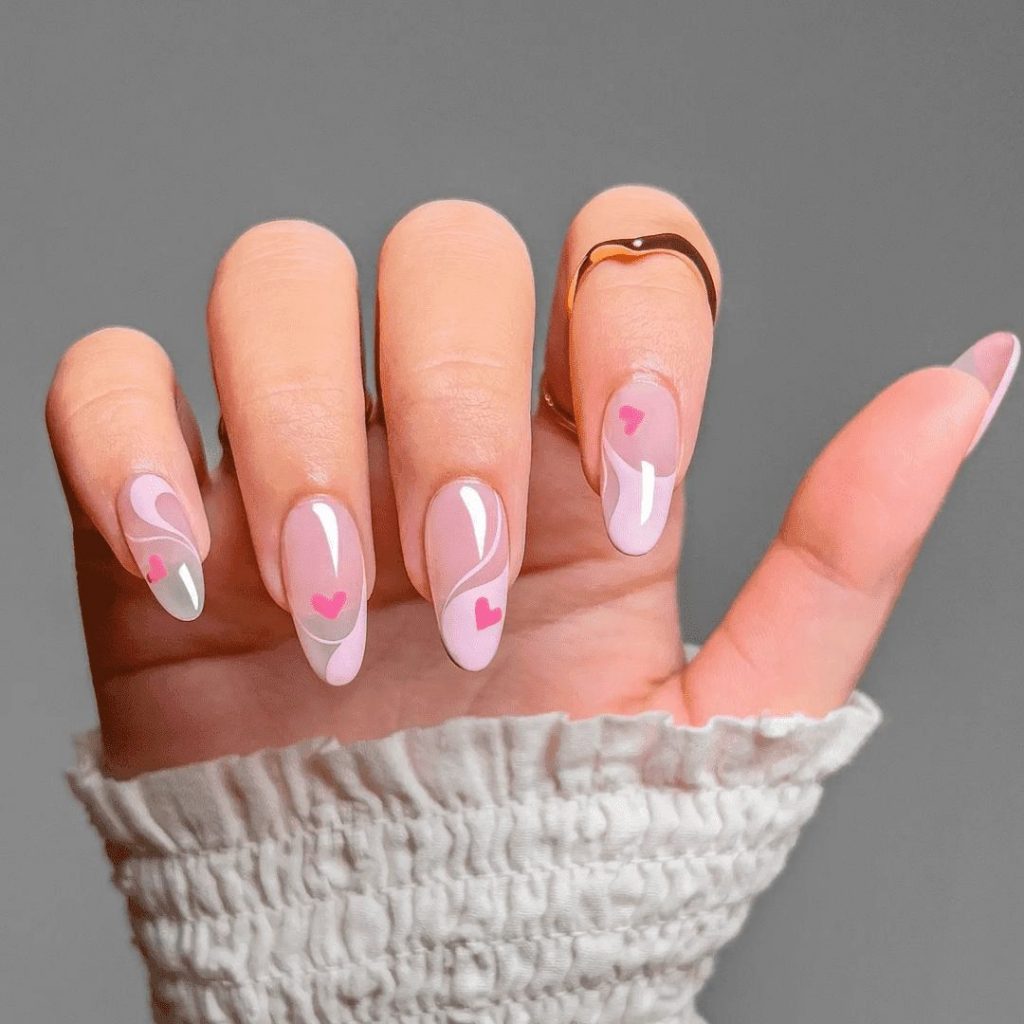 Beautiful Hearts With Pink Swirls Almond Nails