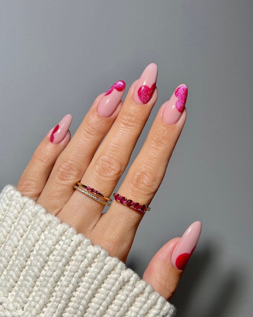 Decorated Heart Pink Almond Shaped Nails