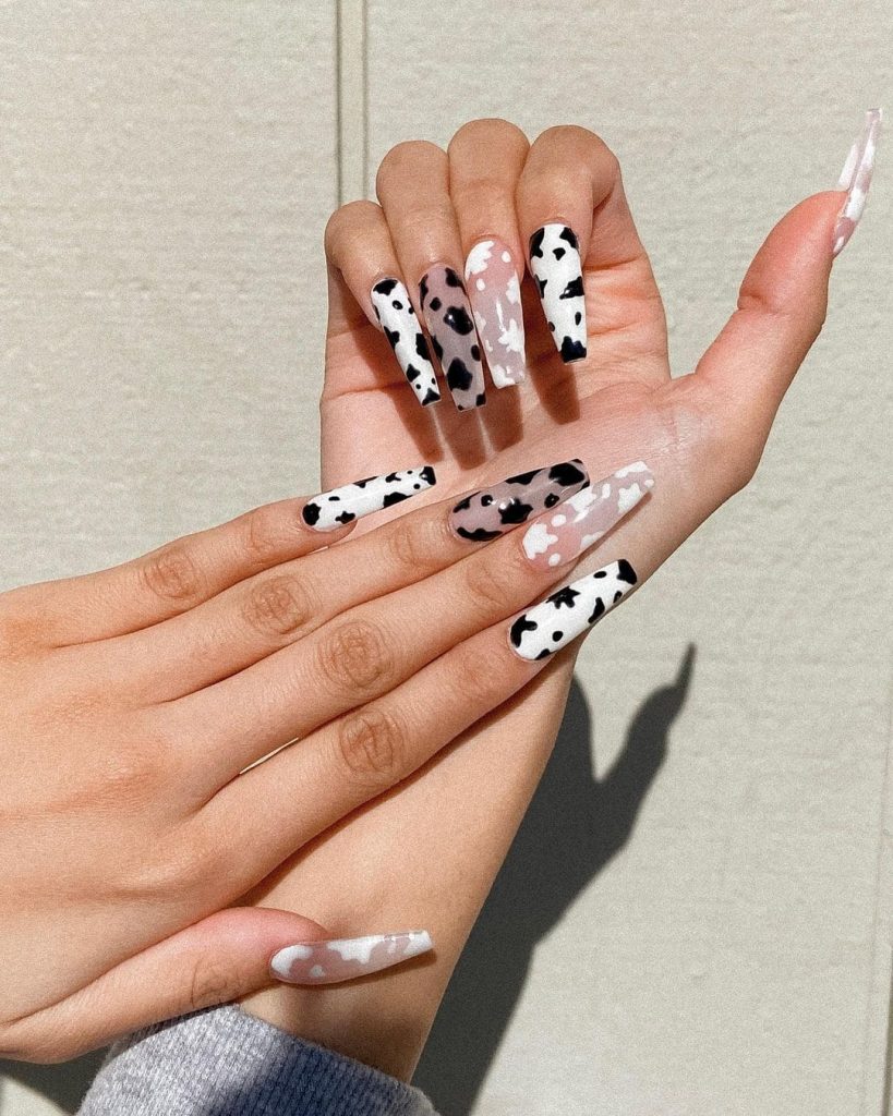 Long Acrylic Cow Print Nails