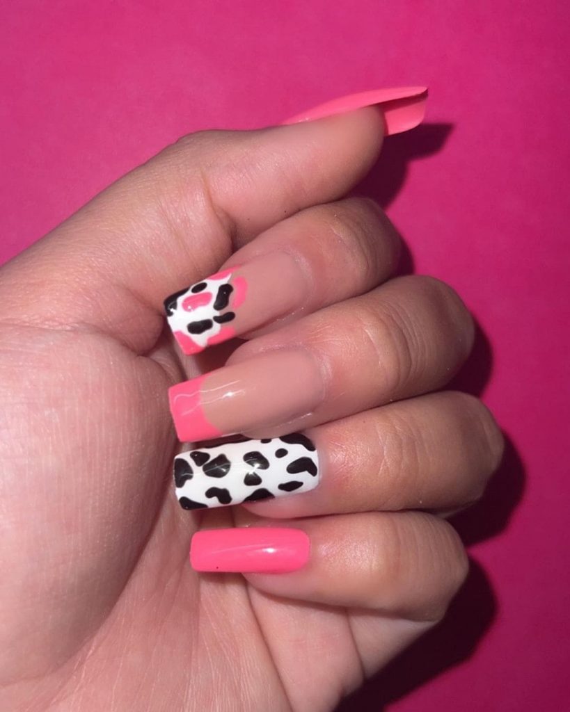 Black And Pink Cow Print Nails
