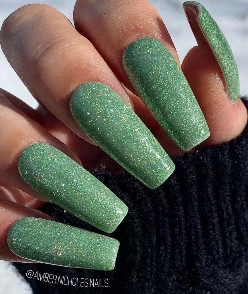 Glossy Glitter Green Nails