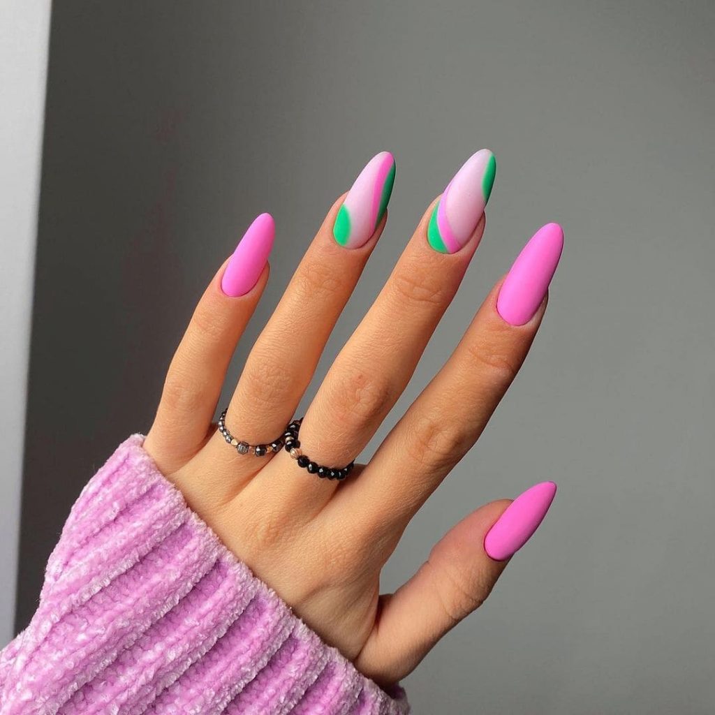 Matte With Green Highlights Almond Nails