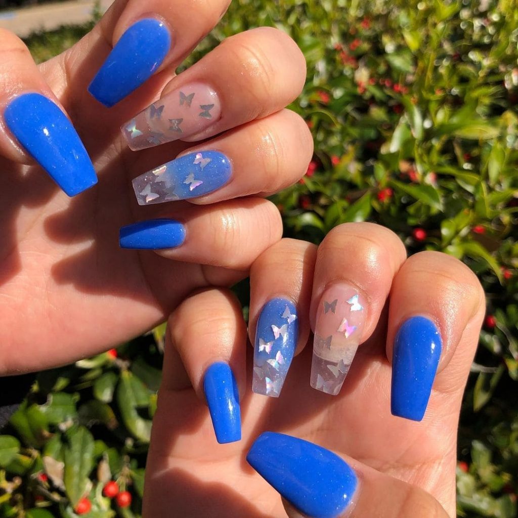 Blue Glossy Butterfly Coffin Nails