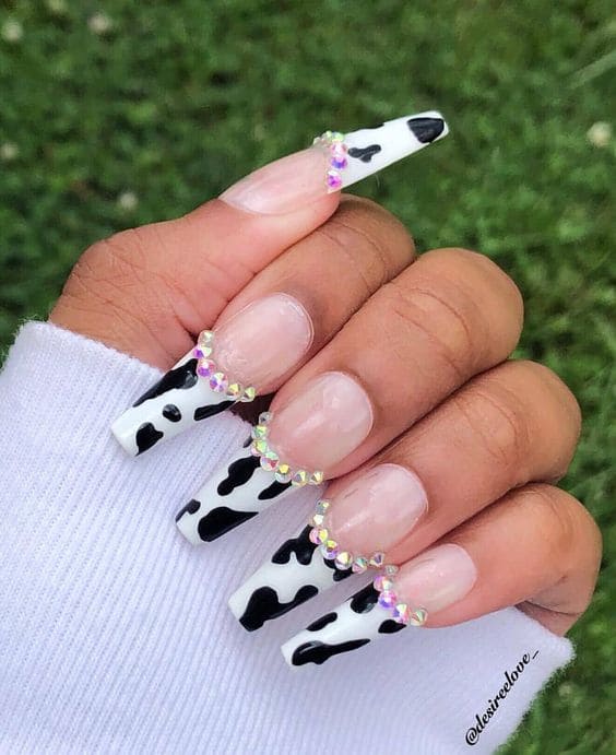 Cow Print Nails With Rhinestones
