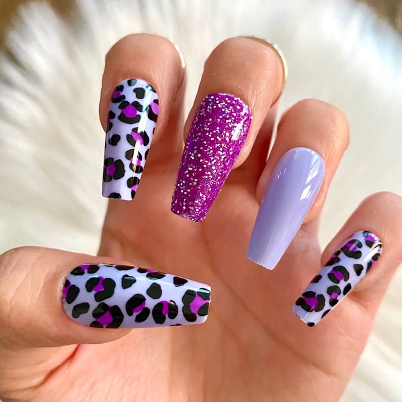 Glitter and Purple Cow Print Nails 