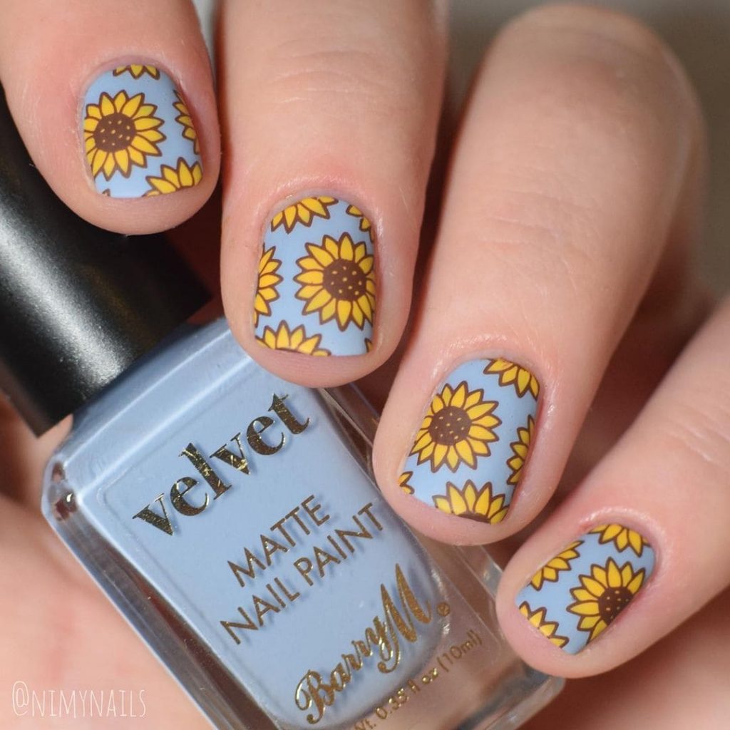 Light Blue Matte Sunflower Nails
