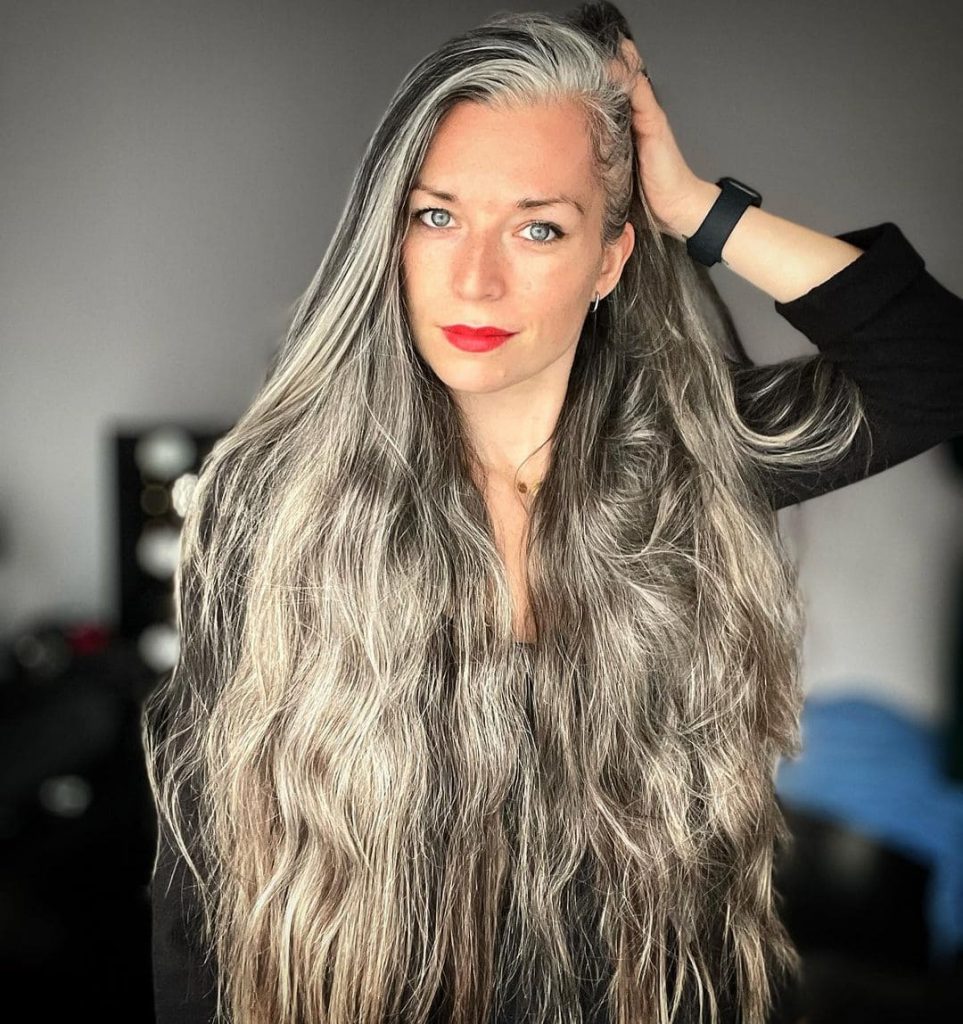 lady with gray hair and red lipstick