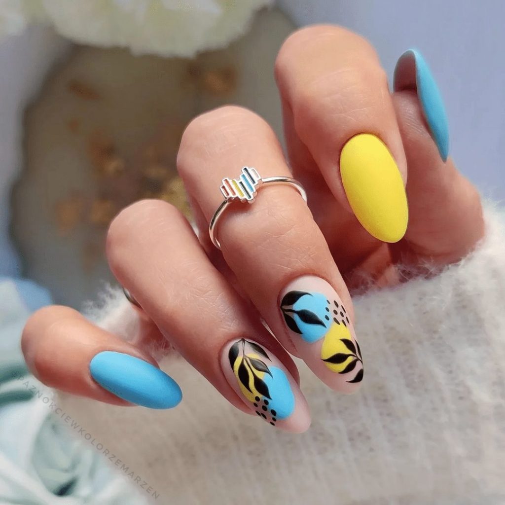 blue and yell flower matte spring nails