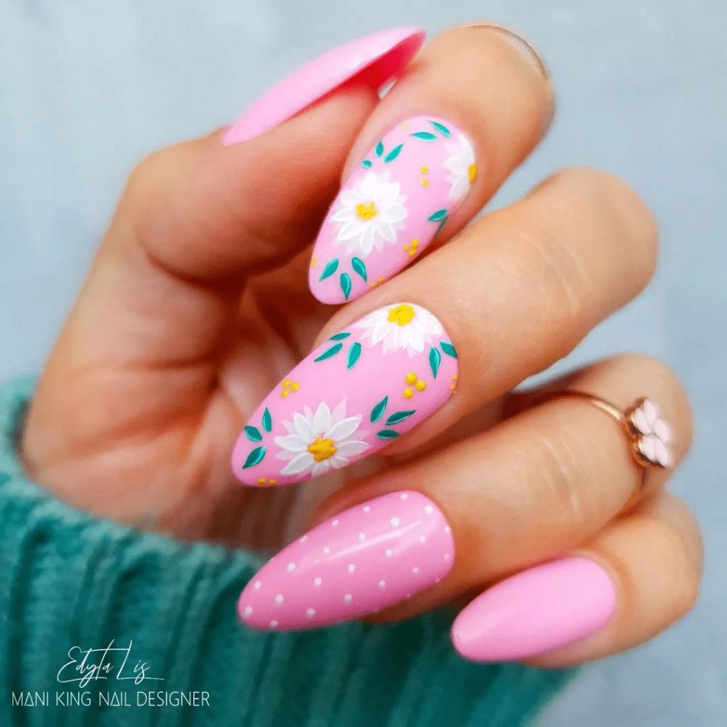 pink and green floral nails spring design