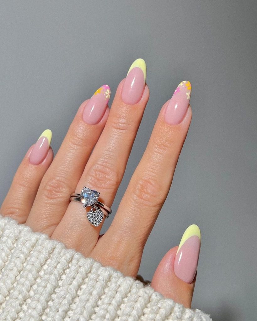 yellow french nail floral spring nails