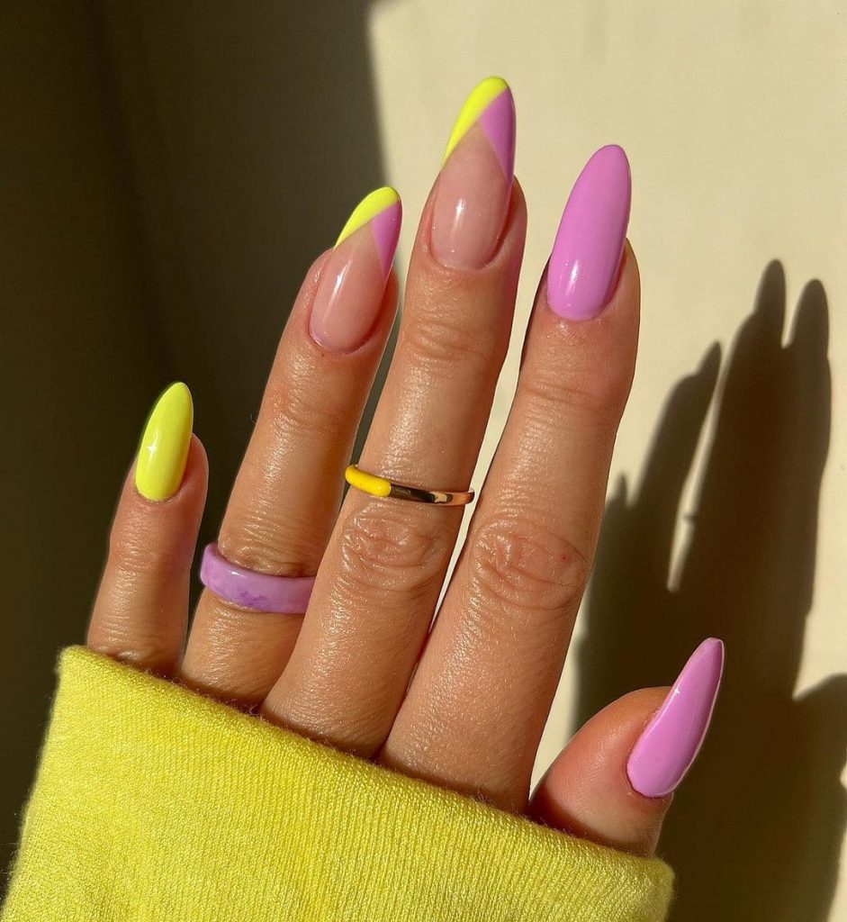 Yellow and Purple Twist bright summer nails