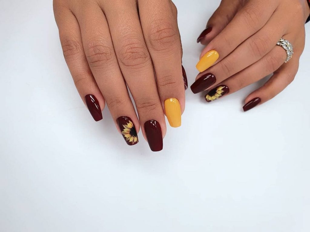 Maroon Yellow summer Sunflower Nail Designs