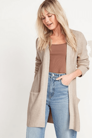 Textured Shaker-Stitch Long-Line Open-Front Sweater for Women