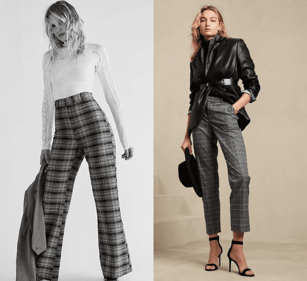 women in winter plaid pants and black jacket